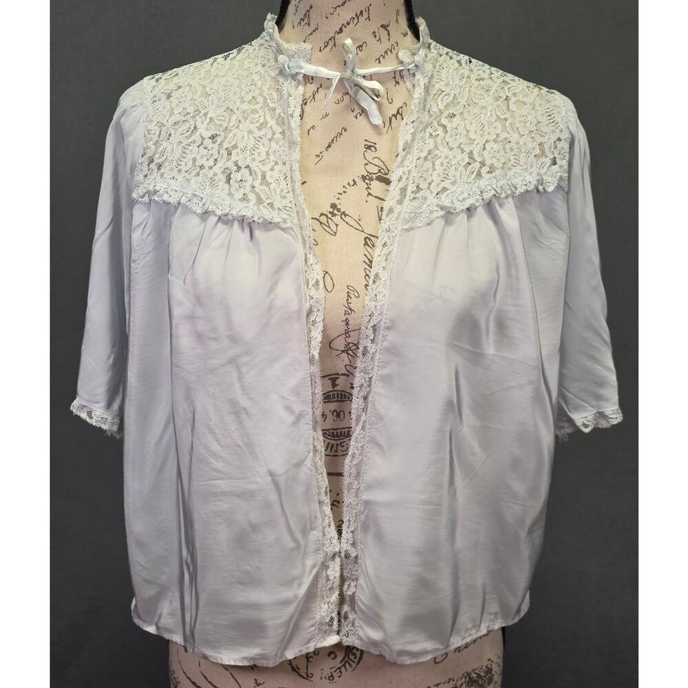 50s 60s Sheer Intimate Top Small Bed Jacket Lingerie Lace Yoke Satin Nylon Vint